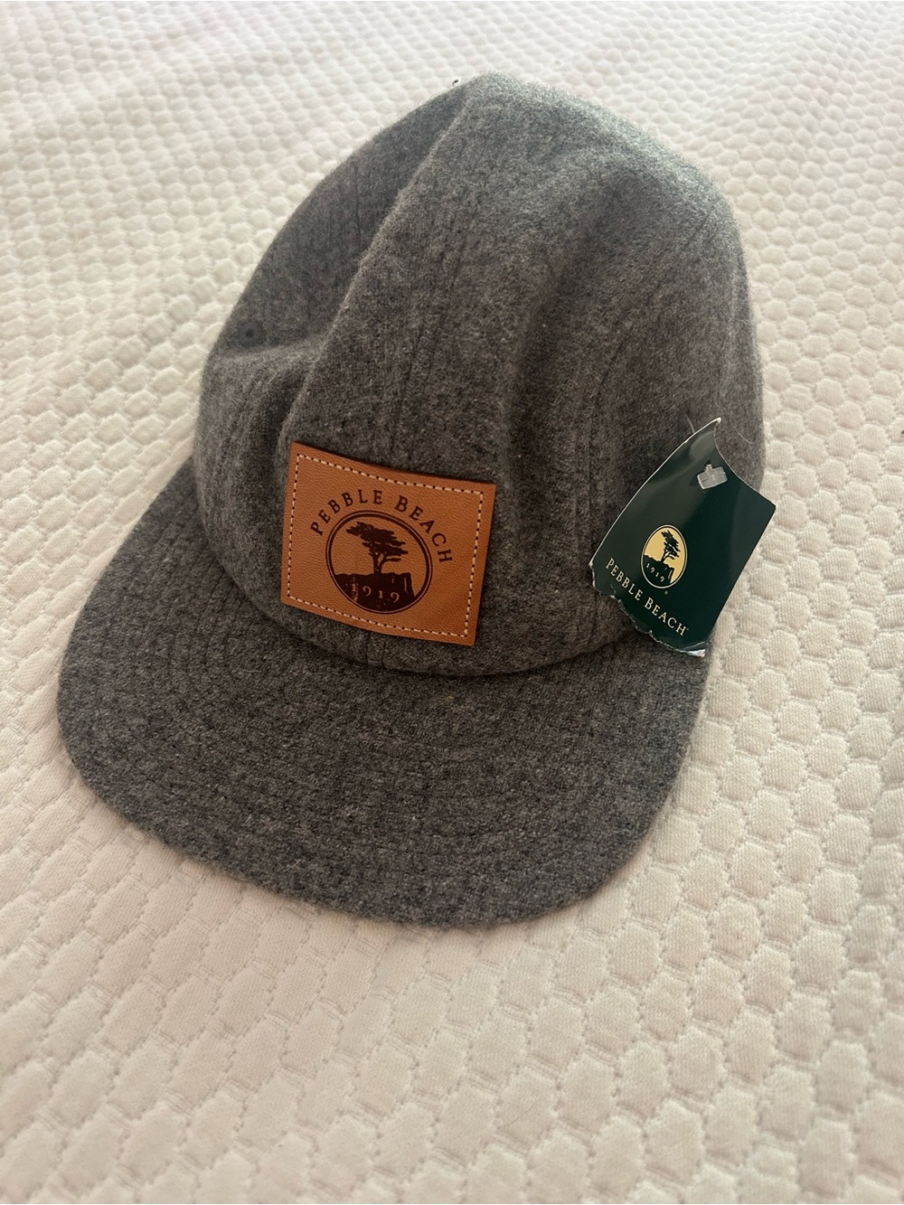 Pebble Beach Gray Wool Cap with Tan Leather Logo Patch